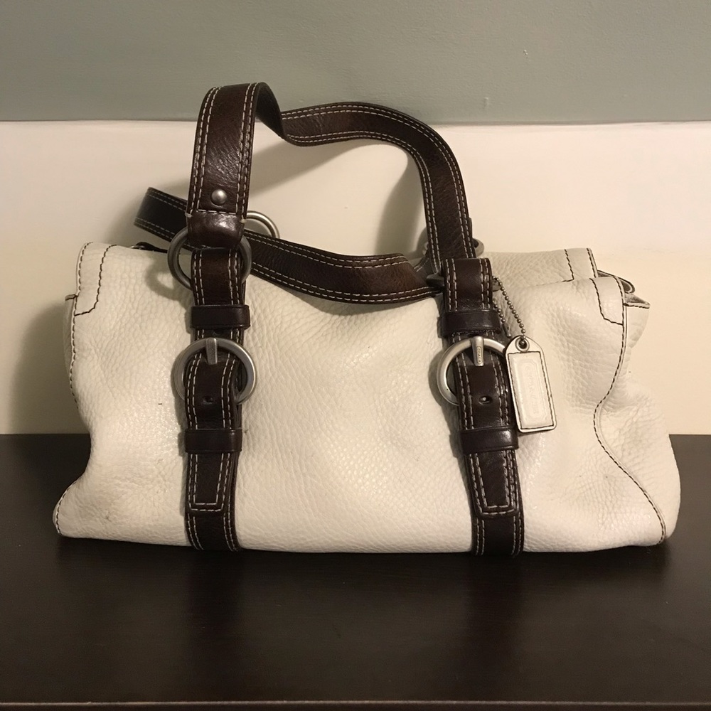 White and Brown Coach Shoulder Handbag Purse